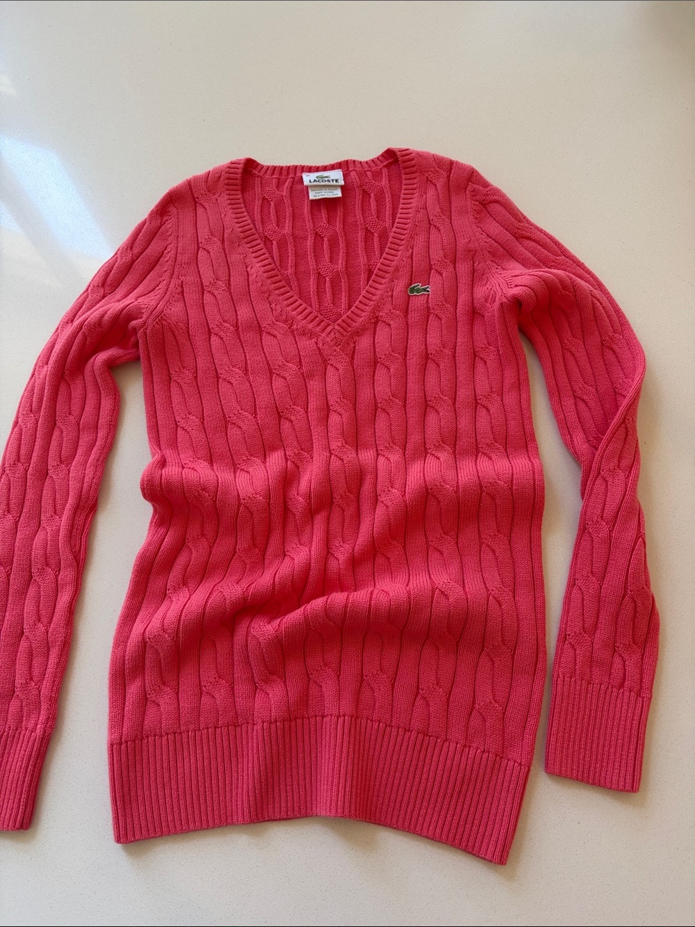 Lacoste Women's Melon/Pink Cable V-Neck Sweater